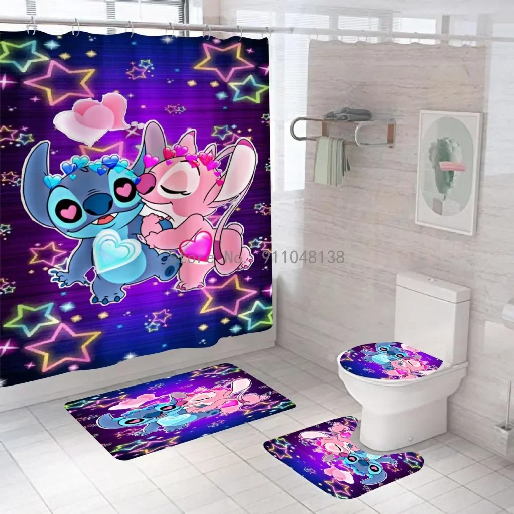 Disney 3D Lilo & Stitch Waterproof Bathroom Shower Curtain in the Bathroom with Hook Set Soft Bath Mat Toilet Carpet Rugs