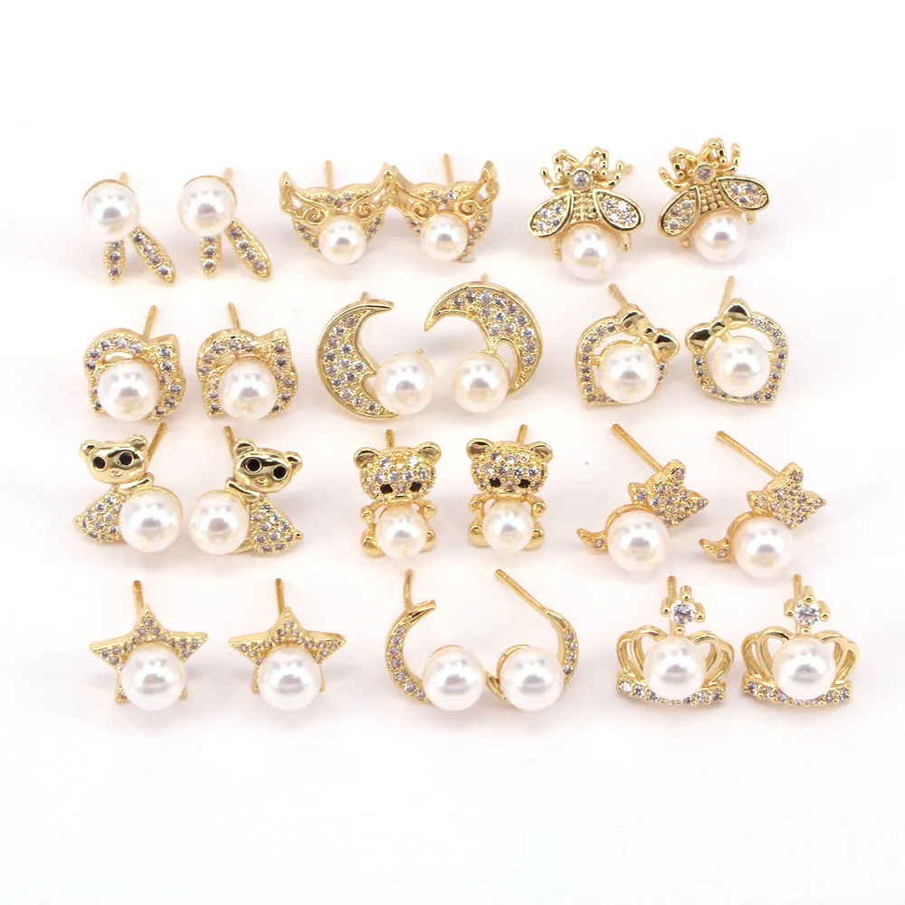 

5 Pairs, Zircon Star Moon Heart Stud Women Gold Plating Inlaid Pearl Shell Classic Wedding Jewelry Fashion Party Gift