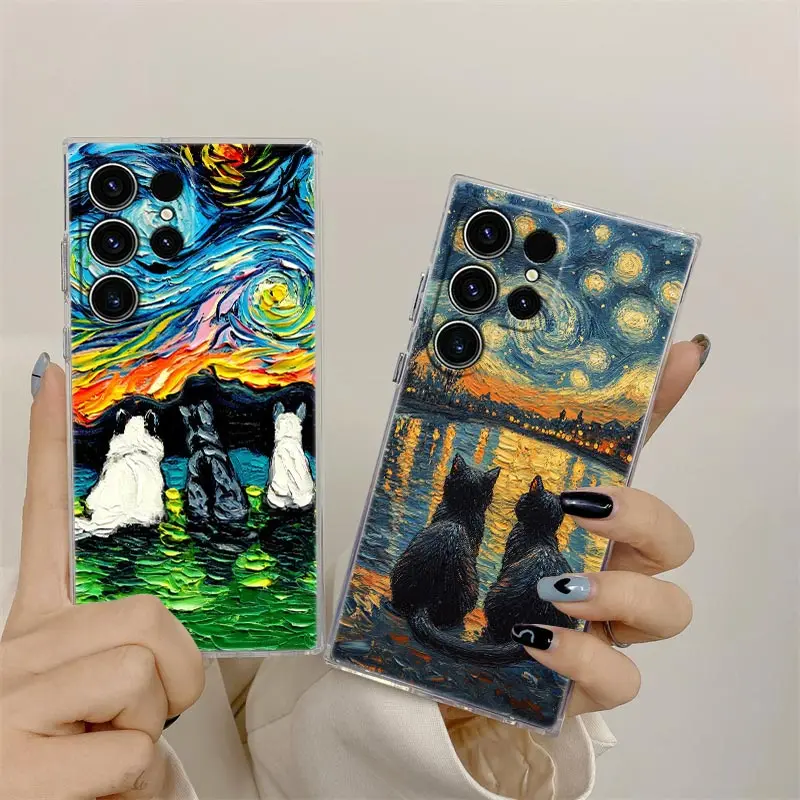 Cat Van Gogh Starry Night Oil Painting Clear Phone Case