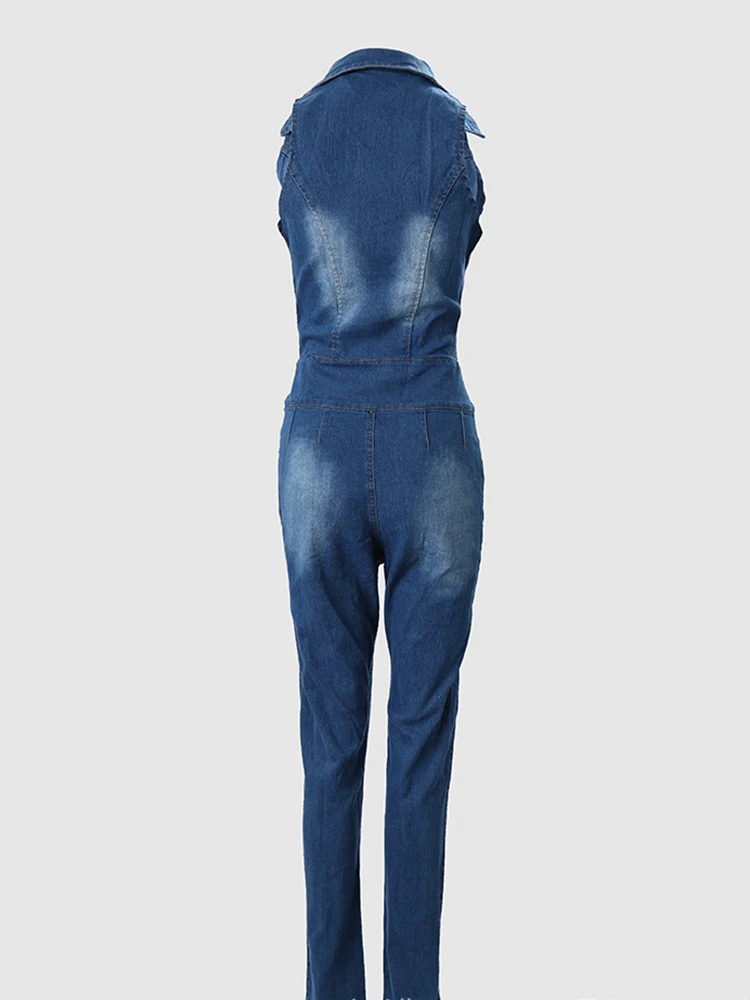 Sibybo Denim Rompers For Ladies Personalized Hole-out Rompers Casual Sleeveless Lapel Slim-fit Single-breasted Pants Autumn 2023