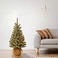 Artificial Mini Christmas Tree Includes Small White LED Lights and Cloth Bag Base Snowy Concolor Fir Burlap - 3 ft, Brown/Green 2