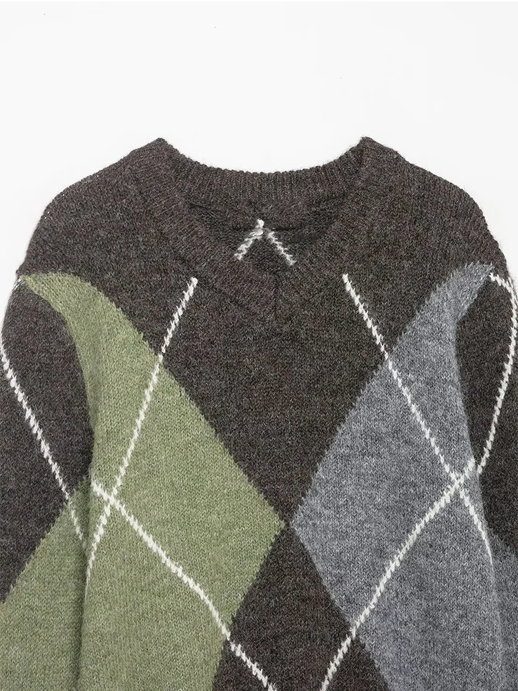  Women's Chic Argyle knitted Sweater V-Neck Long Sleeves Pullover Vintage Casual Knitwear Autumn Winter Fashion Knit Tops