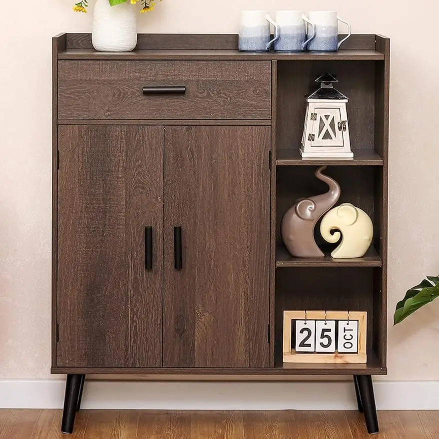 

37.2" H Tall Storage Cabinet with 1 Drawer and 2 Doors, Mid Century Floor Storage Cabinet with 3 Shelves, Wooden Sideboar