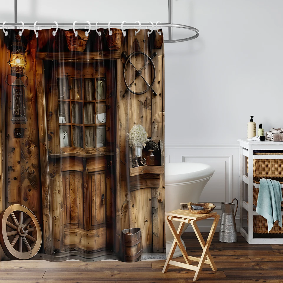 Tenda Da Doccia Rustica In Legno Marrone - Tessuto Poliestere Stampato HD, Con Ganci E Occhielli Metallici, Dimensioni 182x182 Cm - Per Bagno Stile Country, Fienile, Arredamento Naturale - 2