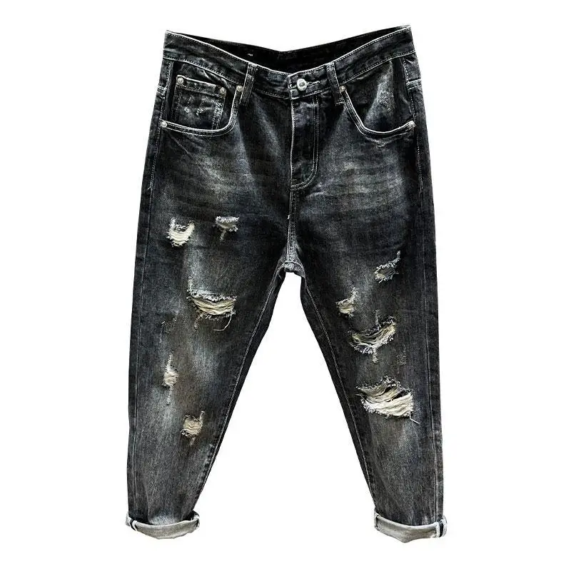American style retro high street trendy beggar summer thin cropped Harem jeans men's loose fitting pants ripped  jeans for men