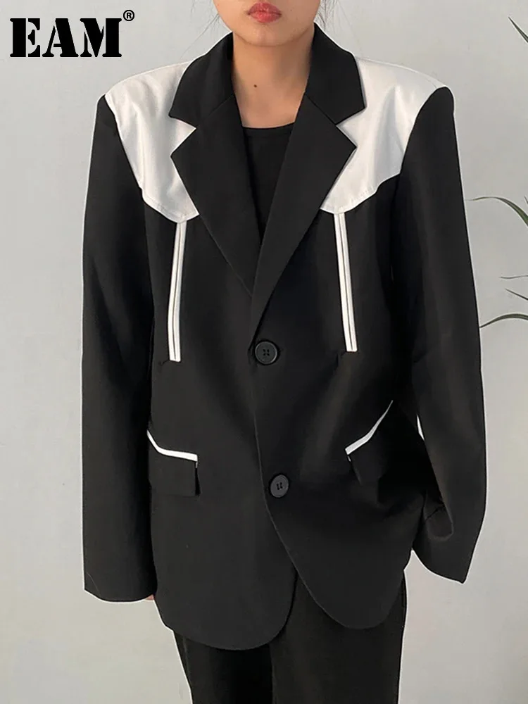 

[EAM] Women Black Color-block Big Size Blazer New Lapel Long Sleeve Loose Fit Jacket Fashion Tide Spring Autumn 2024 1DF1797