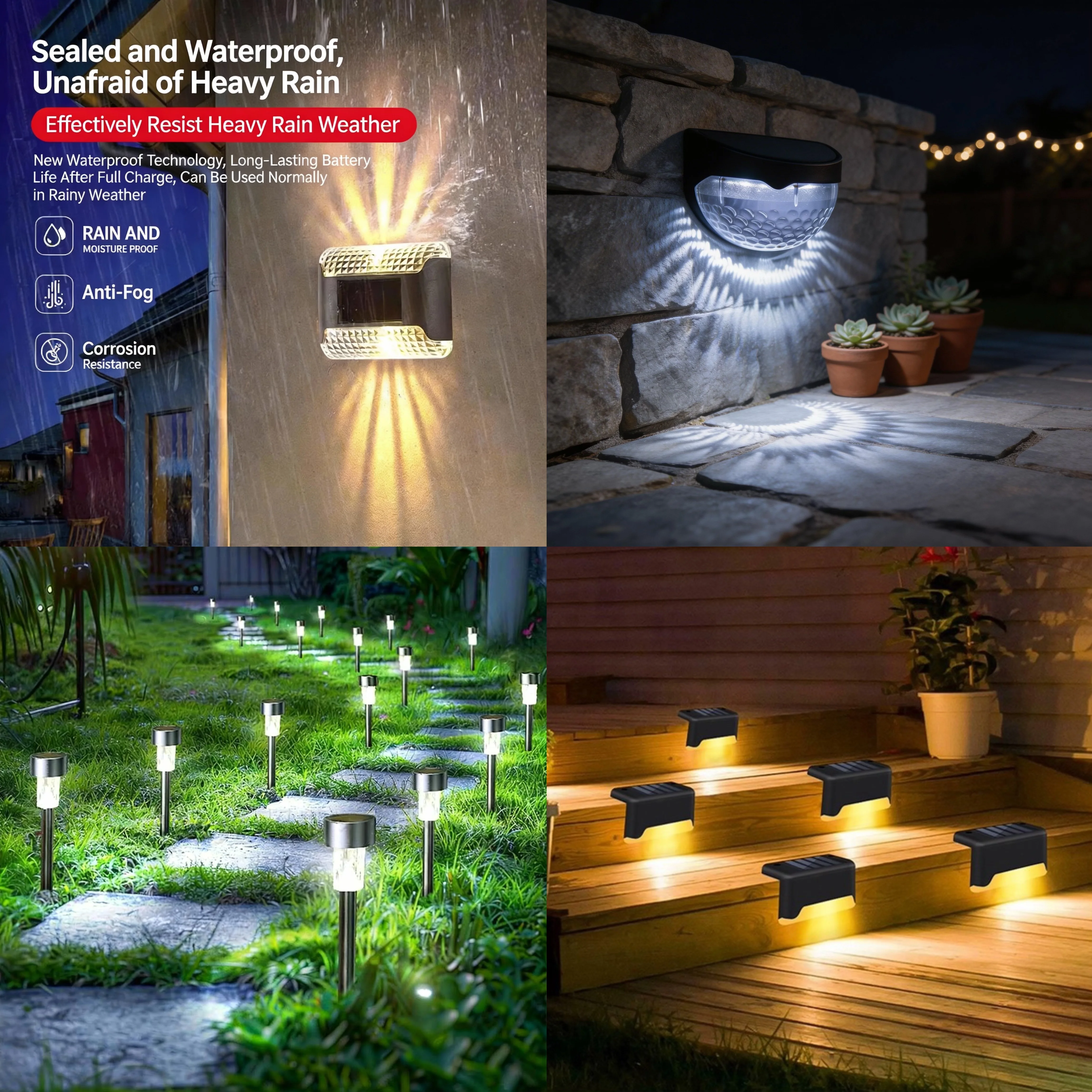 12pcs solar stainless steel stick lights+4pcs solar step light +4pcs solar wall light+4pcs Solar Semi-Circular Outdoor Lights