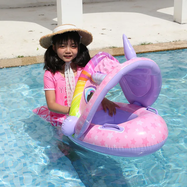 Infant Baby Float Swimming Seat Circle Inflatable Pool Swimming Ring Baby Water Seat with Sunshade Summer Beach Party Toys 4