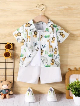 2 Piece Summer Baby Boy Casual Small Animal Print Short Sleeve Shorts Holiday Travel Shirt Set Comfortable and Breathable 1