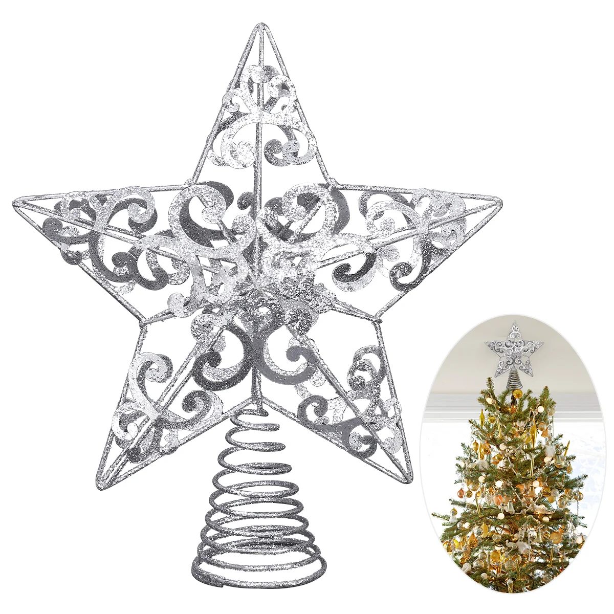 

8 Inch Silver Christmas Star Tree Topper, Glittered Christmas Tree Topper Star Treetop Decoration for Xmas Tree Topper Home