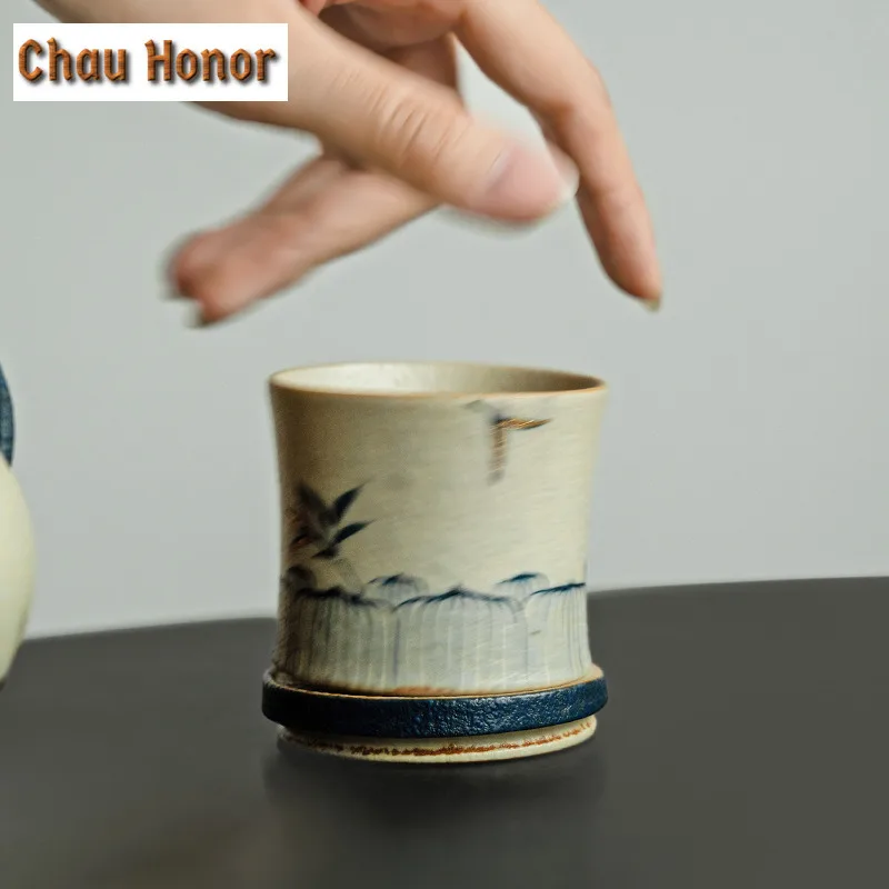 80ml Blue And White Flint Red Teacup Gold Drawing Bamboo Tea Bowl Decompression Spin Cup Meditation Cup Jianzhan Chinese Tea Set