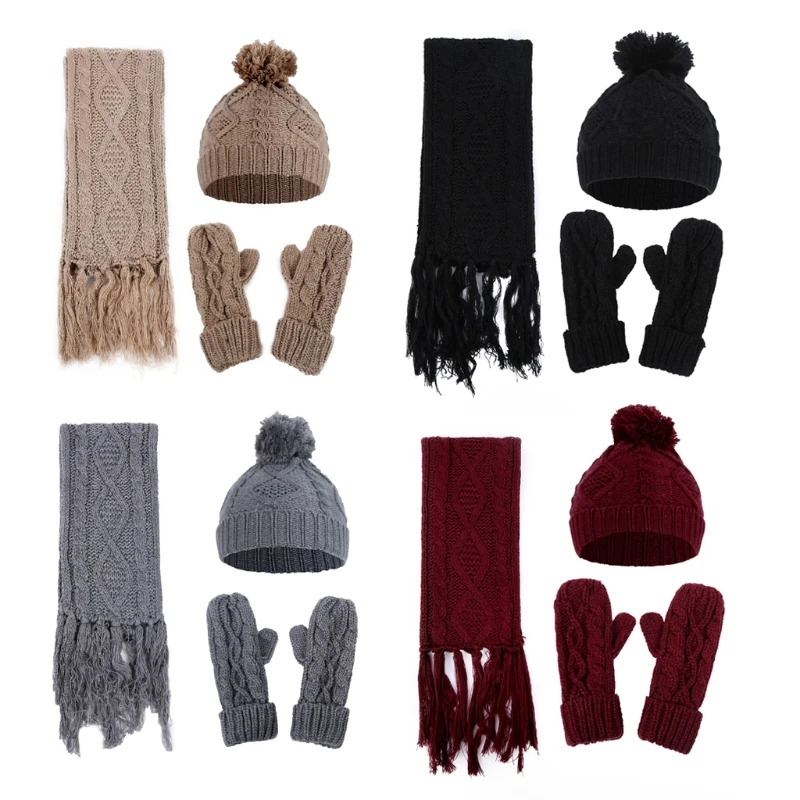 

Men Knitted Woolen Thick Hat Scarf Gloves Three-piece Suit Winter Warm Suit