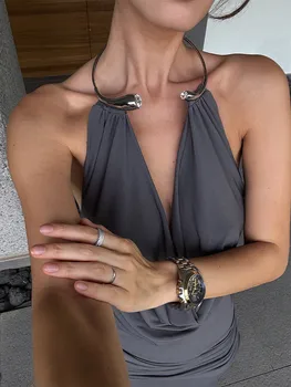 Elegant Women's Grey Halter Cowl-neck Draped Maxi Dress Sleeveless Slim Robe 2025 Summer New Fashion Female Evening Party Gown 1