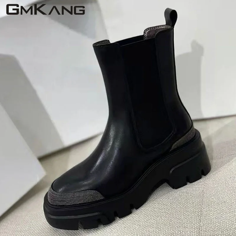Hot Sale Ankle Boots Women Genuine Leather Black White Short Boots Round Toe Chain Decoration Thick Sole Motorcycle Boots Woman