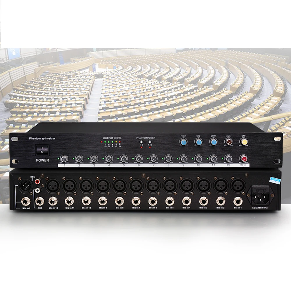 

MiCWL 12 Intput 48V Phantom Power Audio Microphone Hub For XLR Table Conference Concert Vol Aux 6.35mm Mics Mixer