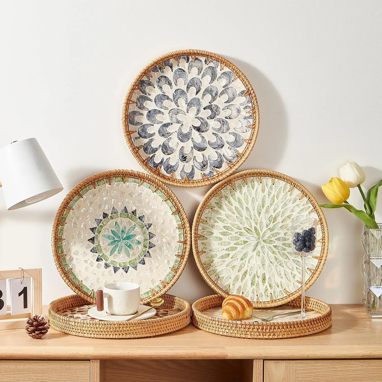 Vassoio Rotondo In Rattan Intrecciato A Mano, 22 Cm, Per Servire Snack E Decorazione Rustica - 4