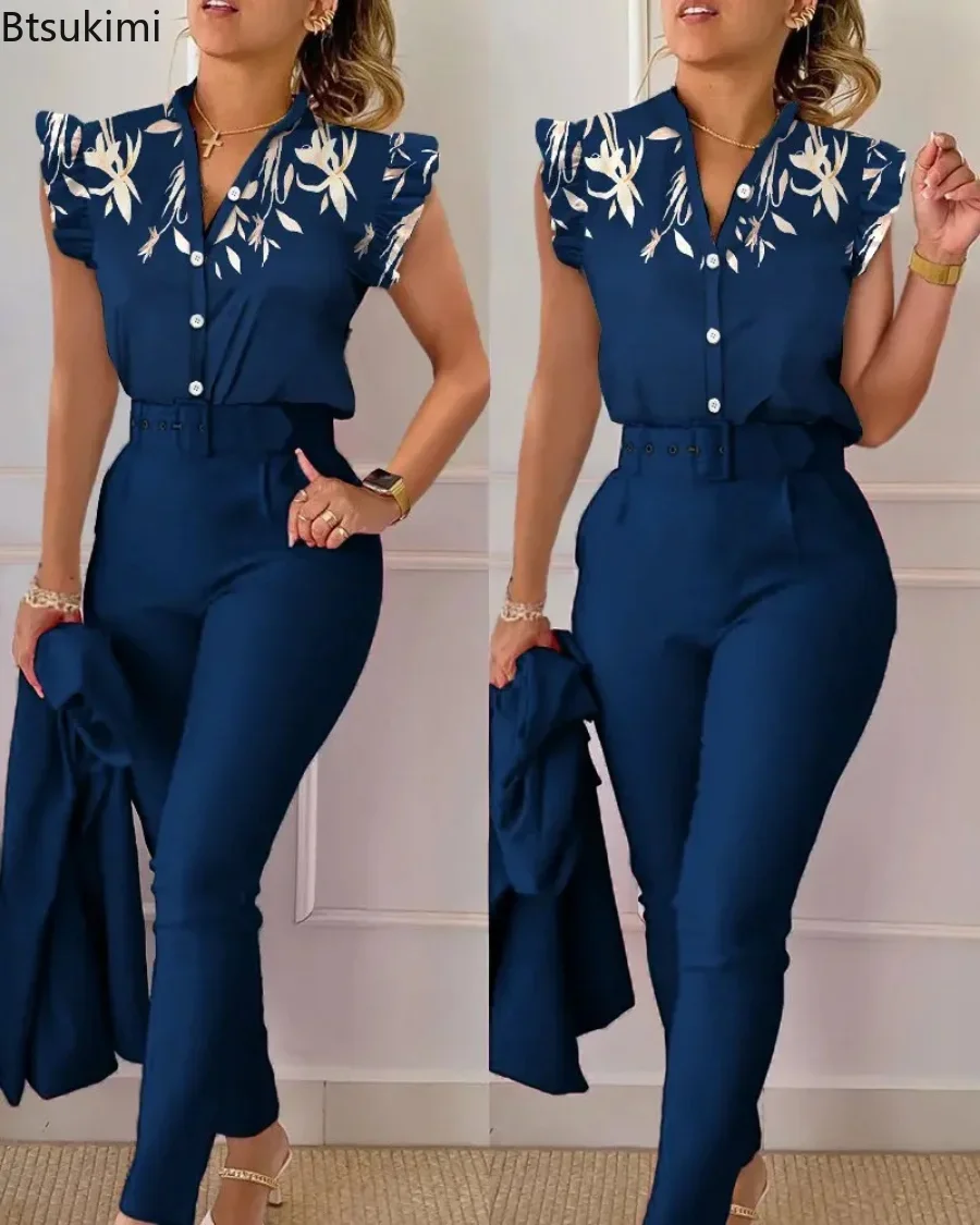 2024 Women's Floral Print Shirts and Pants Sets Spring Summer V-neck Button Petal Sleeve Office Lady 2pcs Pants Sets with Belt
