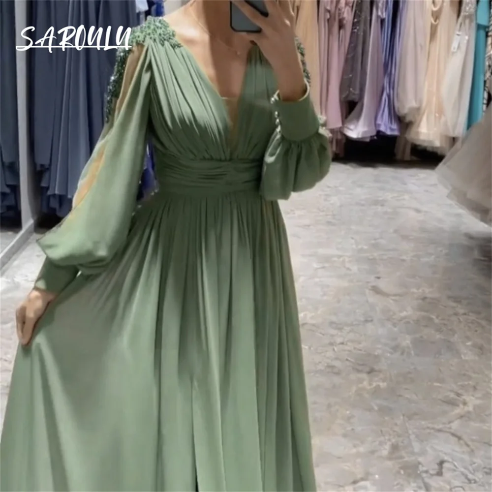 

Elegant V-neck Long Sleeve Evening Dress Graceful Floor-length Cocktail Party Gown Romantic Vestidos De Novia
