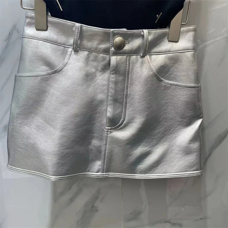

Sexy Vintage Metal Color Miniskirt Women High Waist Slim Fit Bodycon Skirt Female Nightclub Party Fashion Silver Leather Skirt