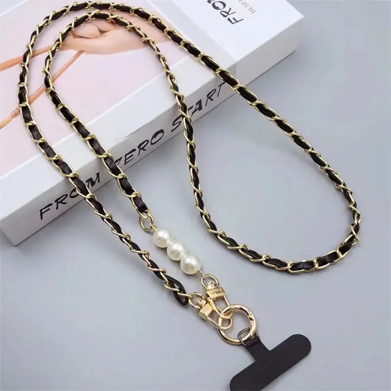 Elegant Pearl Accent Phone Lanyard -Braided Leather&Metal Chain Strap with Universal Phone Case Adapter,Crossbody Bag Decoration