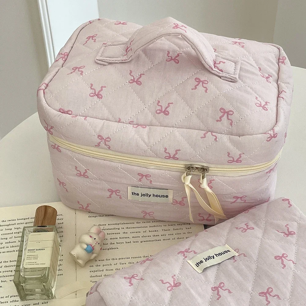 2024 Pink Bowknot Quilting Women Cosmetic Bag Portable Zipper Makeup Travel Organizer Female Handbag Toiletry Pouch For Girls 6