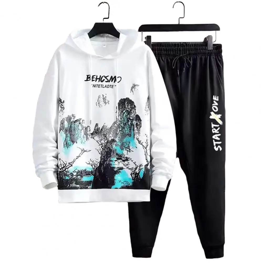 

Sports Hooded Sportswear Men's Landscape Print Hooded Sweatshirt Jogger Pants Set Winter Autumn Tracksuit with Elastic Waist