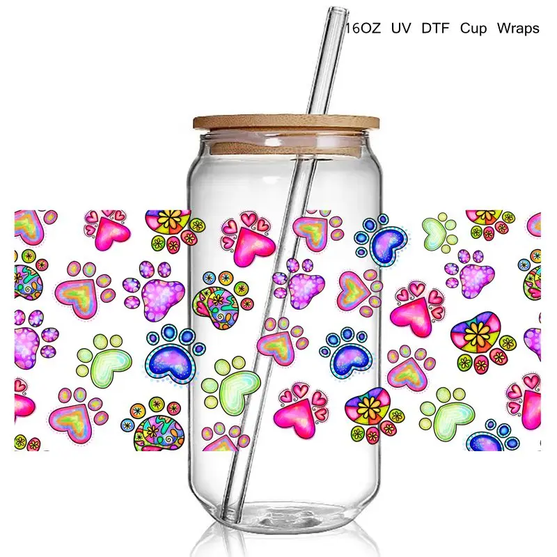 Colorful dog mom paw print 3D UV DTF Cup Wraps stickers Wraps 16oz Libbey Glass Can Cold Cups Tumbler