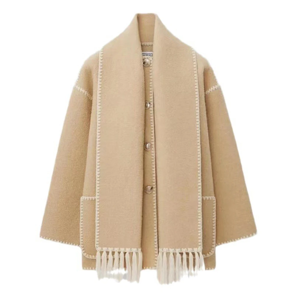 New Women's Long Sleeve Faux Cashmere Splice Coats With Scarf Thick Coat Overcoat Ladies Warm Jacket Tops Outwear