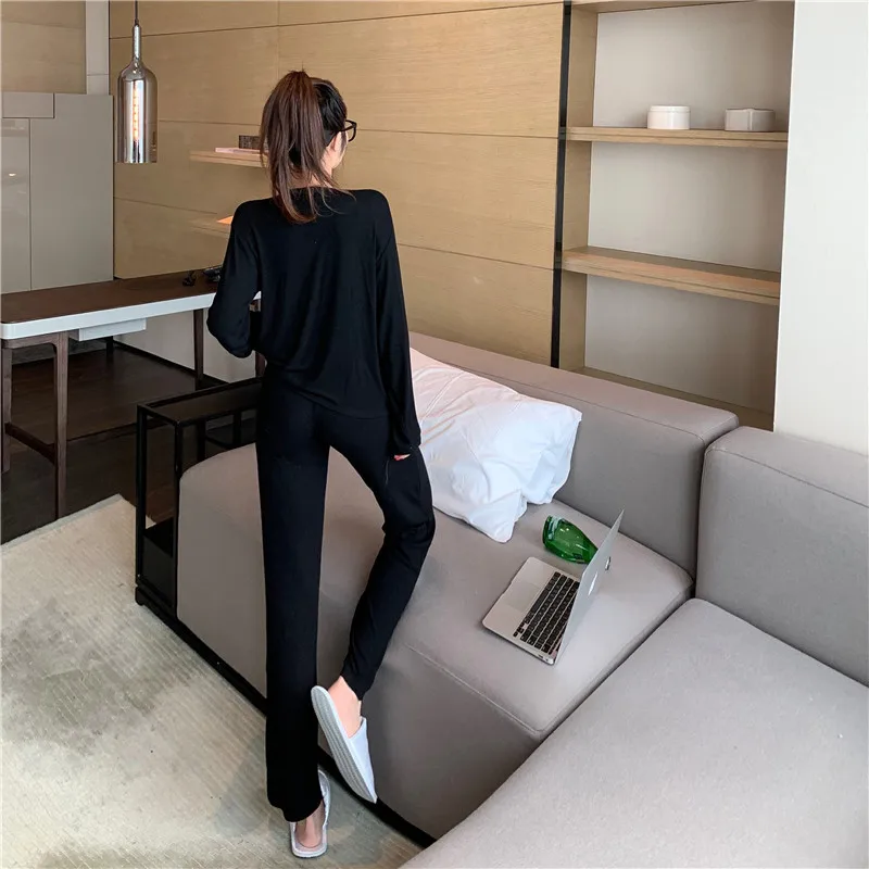 Koreanische Stricken frauen Baumwolle Pyjamas Revers Langarm Top Hose Anzug Frühling Herbst Hause Tragen Kleidung Set Pijama feminino – Detail 22