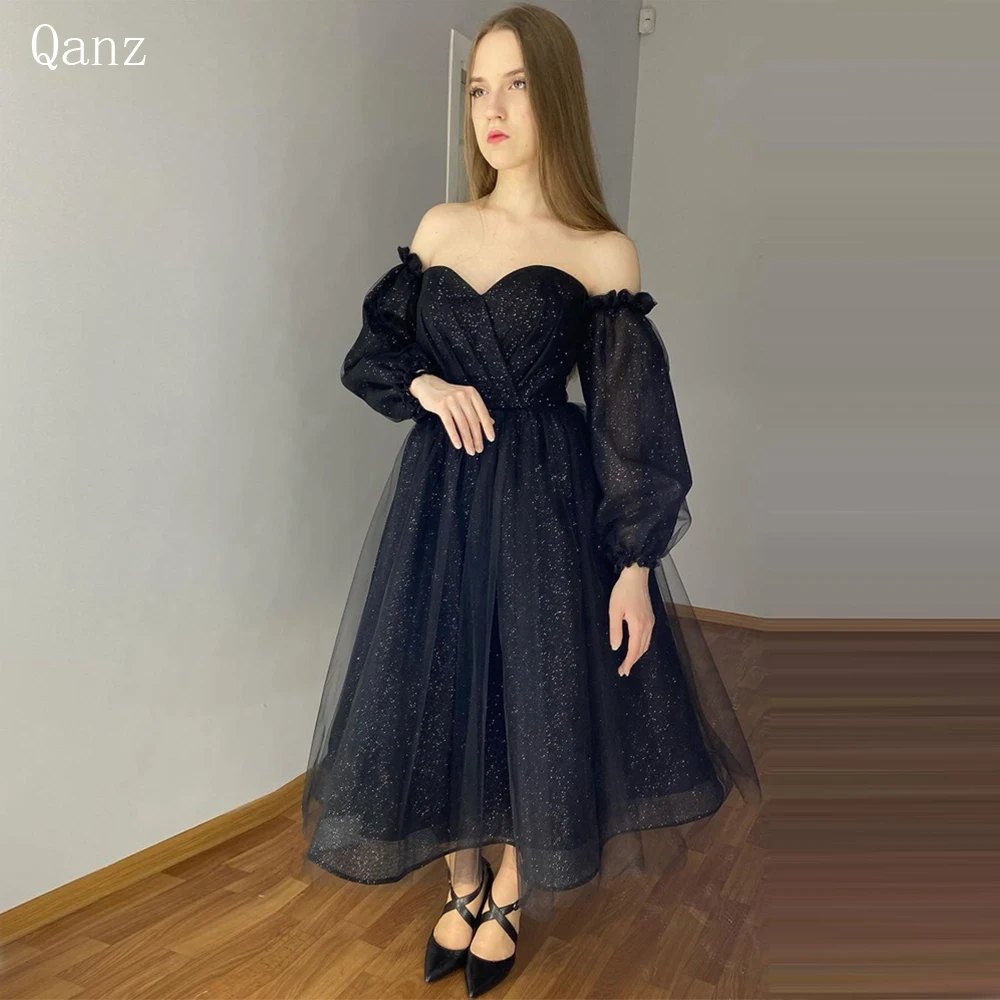 

Qanz Glitter Tulle Black Evening Dresses Sweetheart Prom Dresses With Detachable Long Puff Sleeves Formal Occasion Prom Gowns