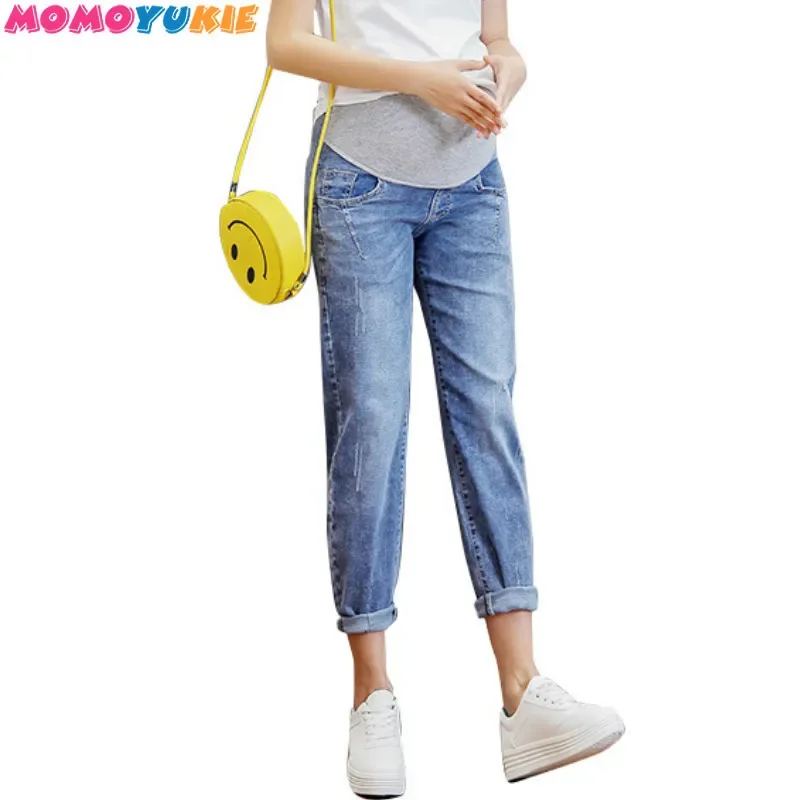 Vintgae Washed Denim Maternity Jeans for Pregnant Women Clothes Elastic Waist Belly Loose Pants Pregnancy Gravidas Clothing women pants denim trousers maternity pants