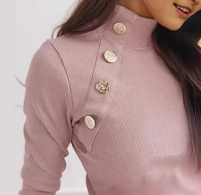 

Women's Top Button Design Solid Color Fashion Temperament High Necked Long Sleeved Casual Slim Daily Knitted Tops 2024 Summer