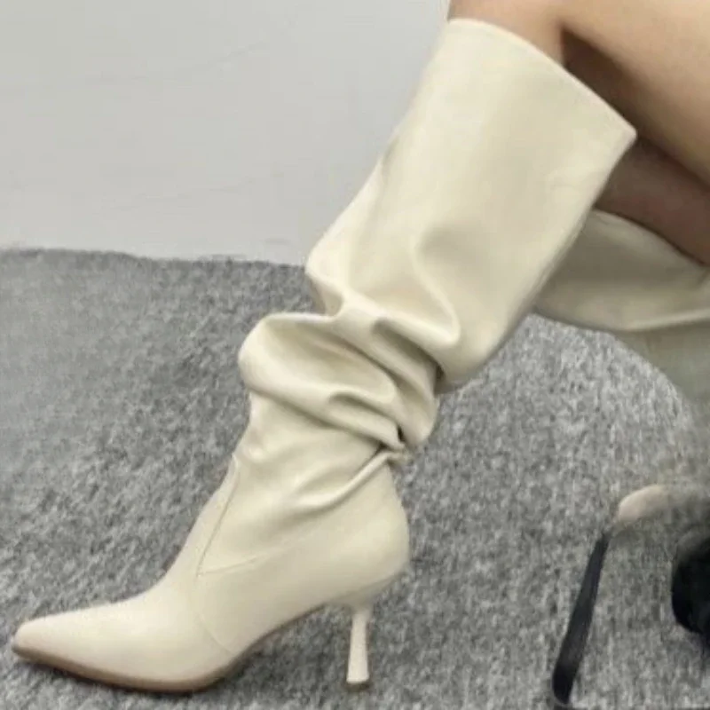 

Women's Wrinkle Pionted Toe Thin Heel Knee High Boots 2023 Autumn New Female Heeled Shoes Sexy Party Ladies Thigh High Boots