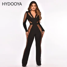 

New Chic Hollow Out Sheer Mesh Patchwork Rompers Spring Fall Long Sleeve Party Club Jumpsuits Office Lady Wide Leg Pants Outfits