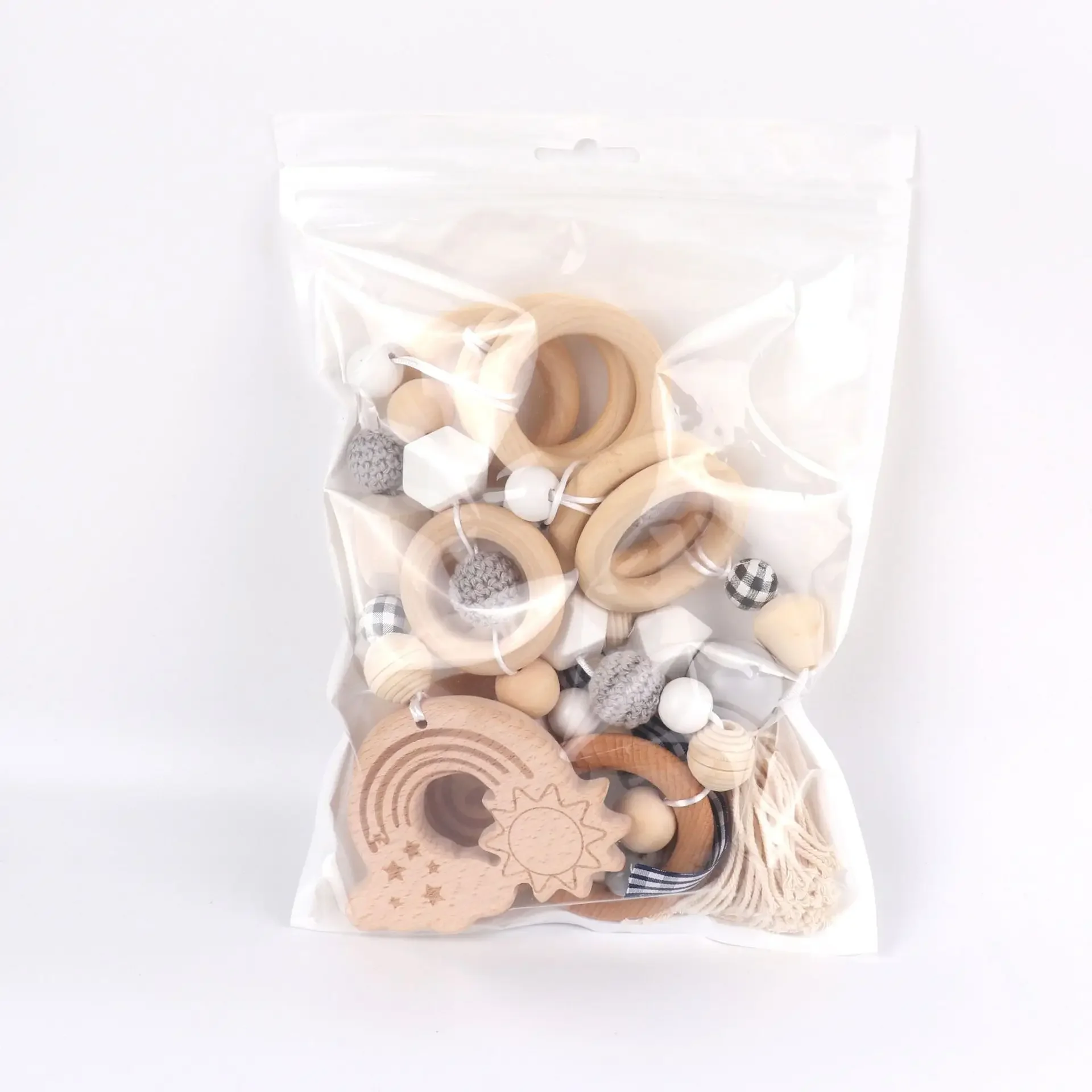 5pcs Baby Play Gym Frame Wooden Beech Activity Gym Frame Stroller Hanging Pendants Toys Teether Ring Nursing Rattle Room Decor