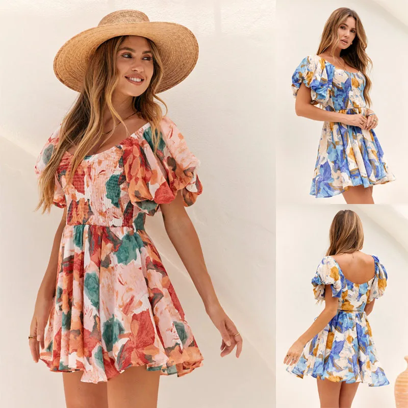 

Women's Printed Round Neck Puff Sleeve Elegant Mini Dress 2023 Summer New Backless Elastic Waist Ruffles A-Line Dress