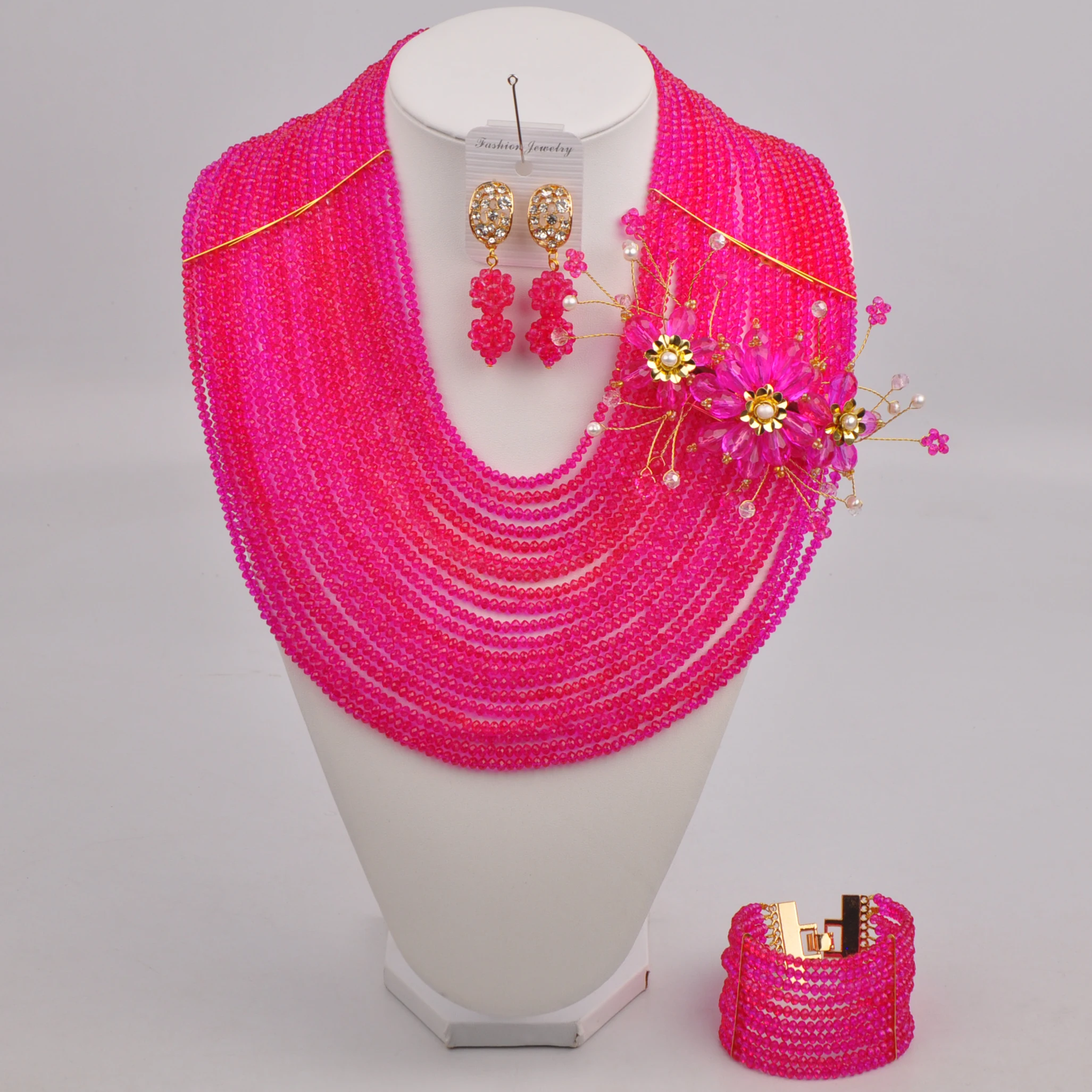 

20 Layers Fuchsia Pink Crystal African Beads Jewelry Set