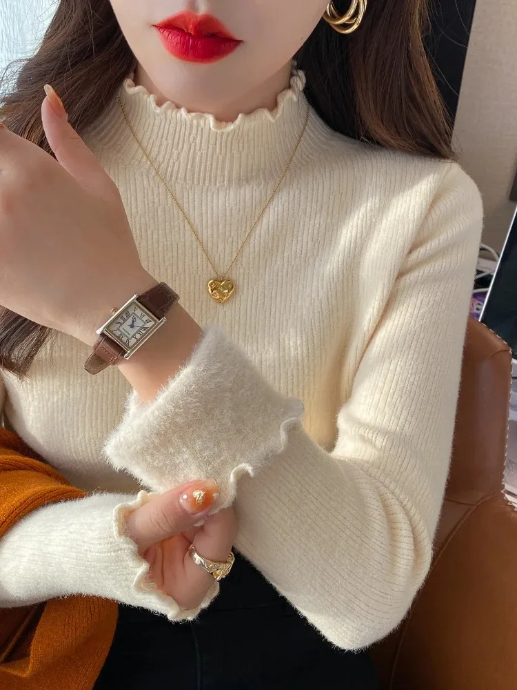 Fashion Women Winter Warm Mock Neck Pullover Sweater Autumn Elegant Casual Solid Ruffles Knitted Top Long Sleeve Knitwear