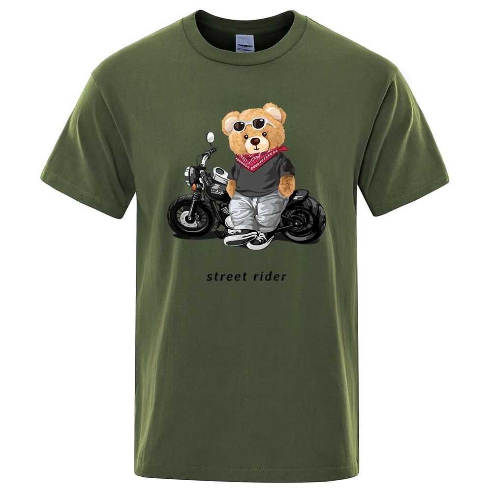 Motorcycle Enthusiast Street Ted Rider Print T-Shirt Men Loose Casual Short Sleeves Summer Breathable Tee Cotton Basics Clothes
