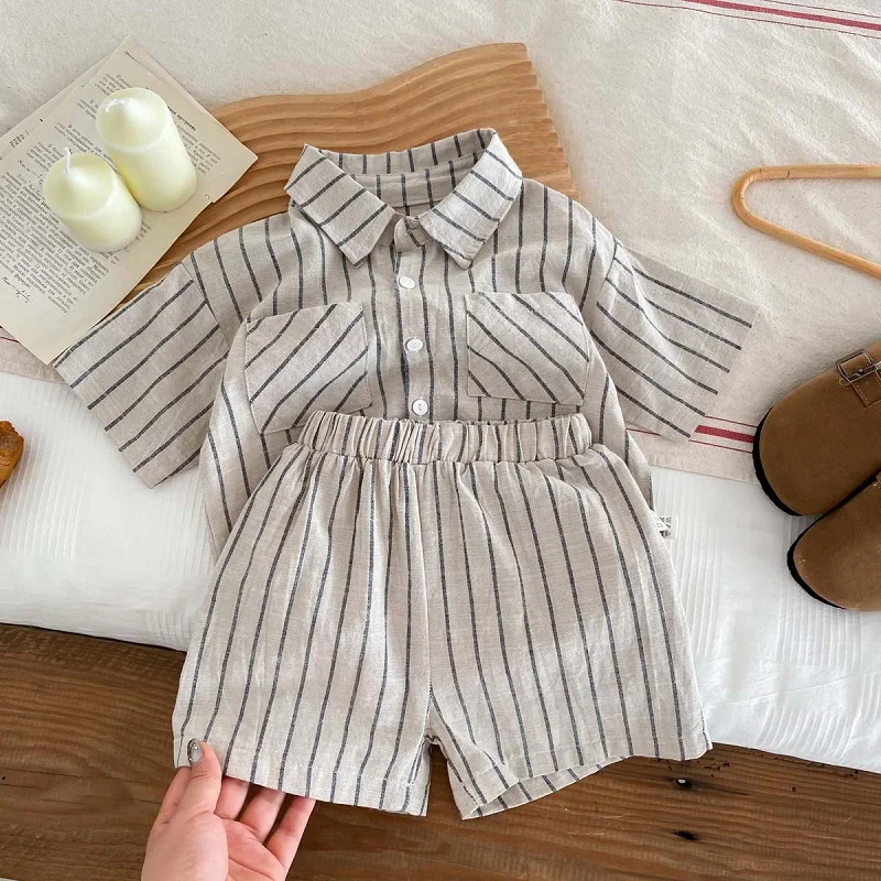 Summer Children's Set Vintage Stripe Boys Short sleeved Shirt Shorts Set Solid Color Polo Collar Cardigan Top Baby Clothes