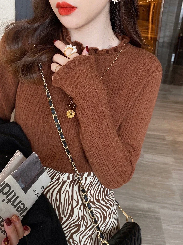

Mock Neck Women Sweater Ruched Solid 2022 Autumn Winter Fashion Sweater Women Slim Casual Knitted Pullovers Pink White