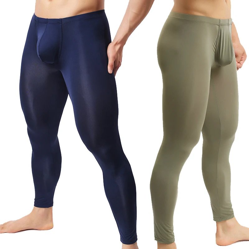 

Men's Sexy Long Johns Ice Silk Ultra-thin Penis Pouch Leggings Underwear Men Home Sheer Lounge Pants Sleep Bottoms Gay Sleepwear