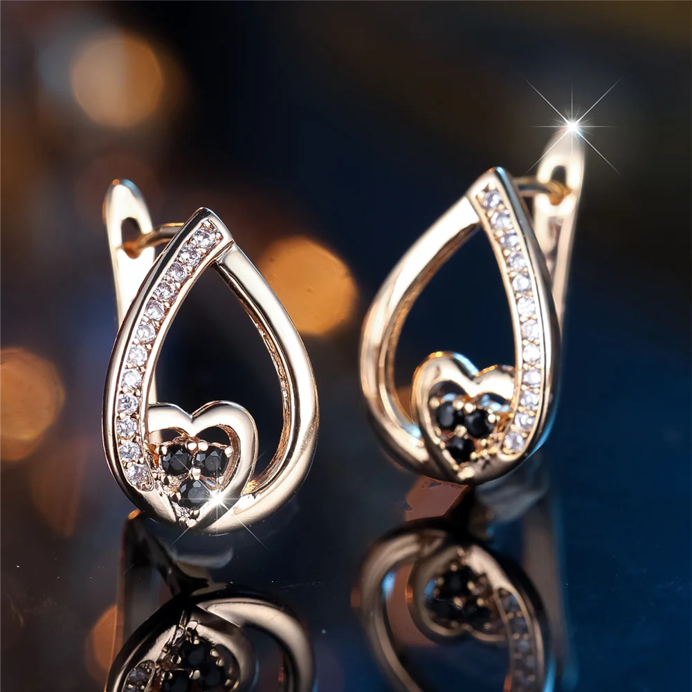 Trendy Crystal White Black Zircon Stone Love Heart Hoop Earrings For Women Vintage Gold Color Wedding Jewelry