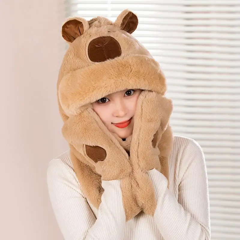 Hooded Scarf With Mittens Capybara Winter Scarf Hoodie Warm Hoodie Hat Gloves Set Soft Plush Thick Hat For Men Women