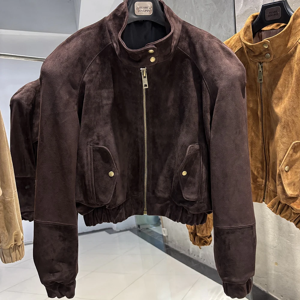 YOLOAgain Suede Leather Jacket Coat Women Real Leather Cropped Jacket Bomber Jacket
