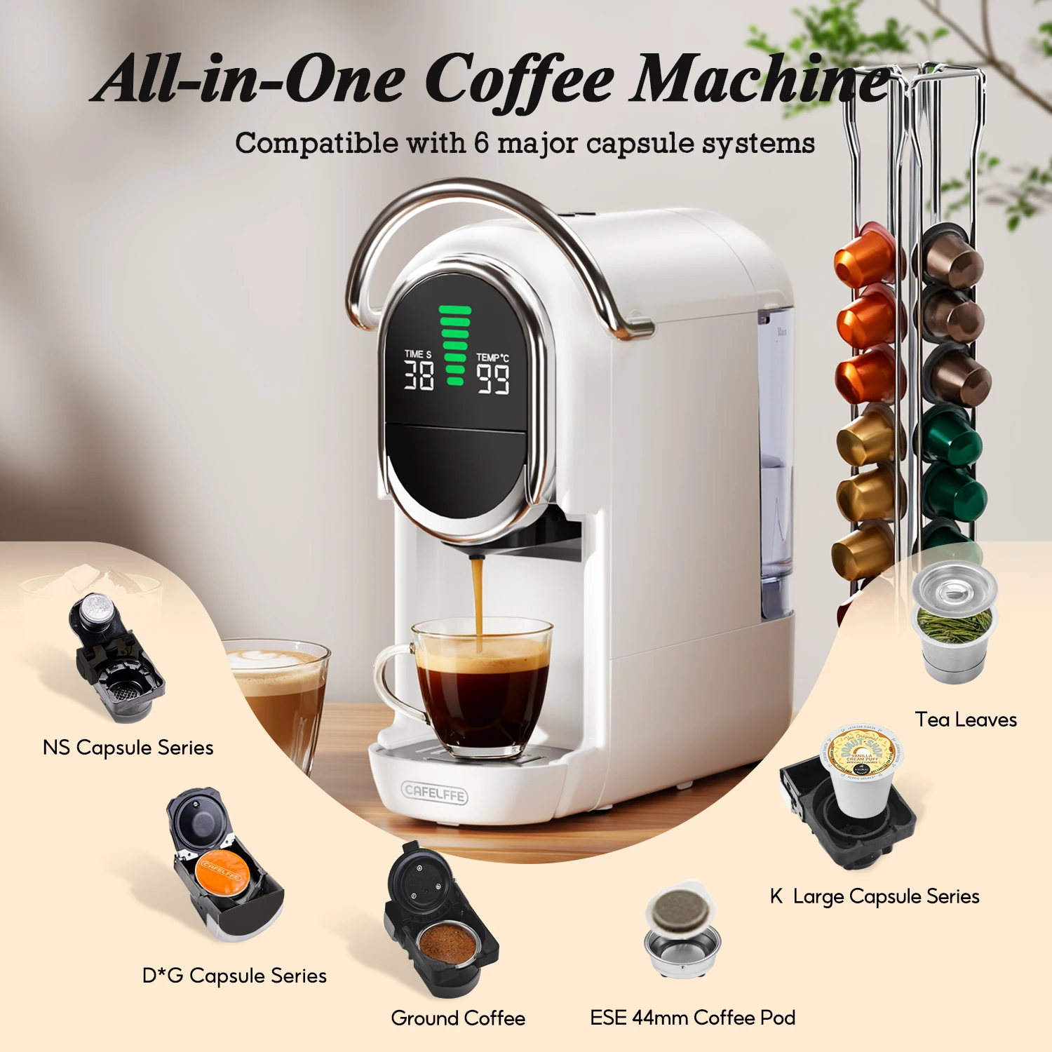 Cafelffe 6 in 1 Capsule Coffee Maker with Tea Leaves, Capsule, ESE 44mm Pods Coffee Powder Hot/Cold DG Cappuccino Nespresso 5