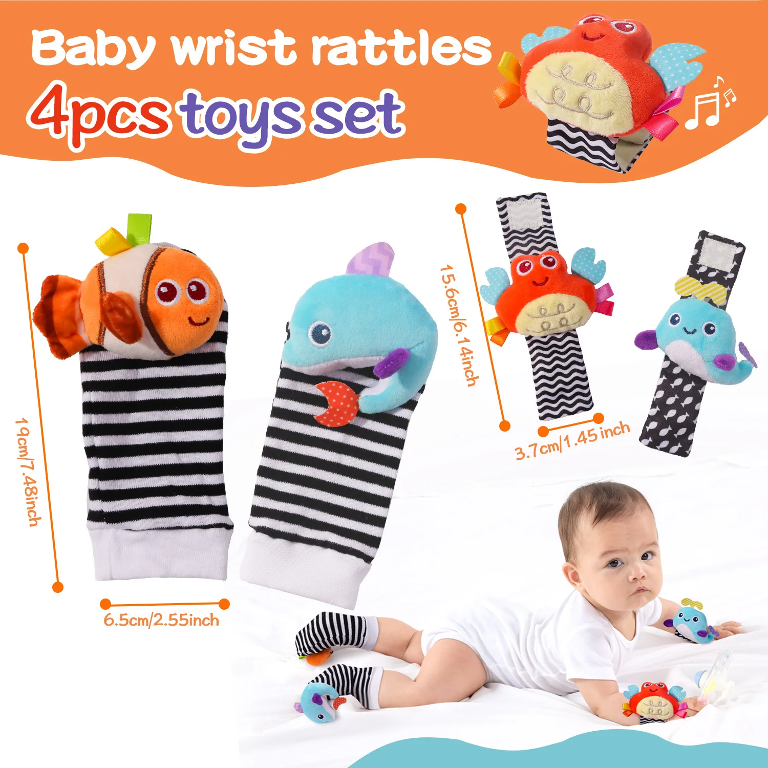 Chaussettes-hochets pour bébé (0-12 mois), chaussettes en peluche à motif dessin animé, dragonne avec hochet et tirette pour les pieds, jouets pour bébés._voghion.com