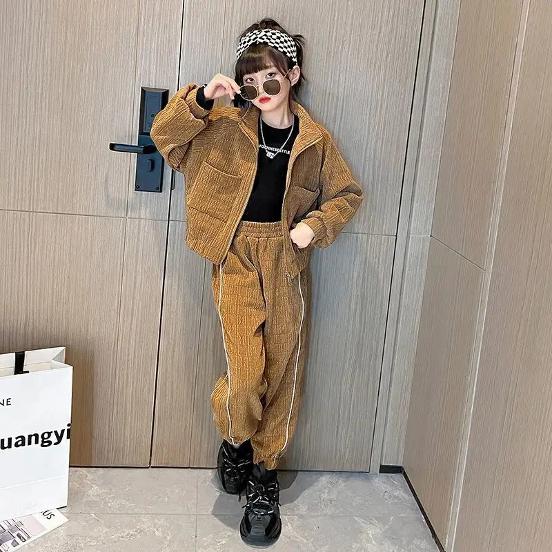 

Young Girls' Sets Causal Spring Autumn Solid Corduroy Zipper Coat Loose Cuffed Pants Two Pieces Fashionable 2023 6-14 Years Old