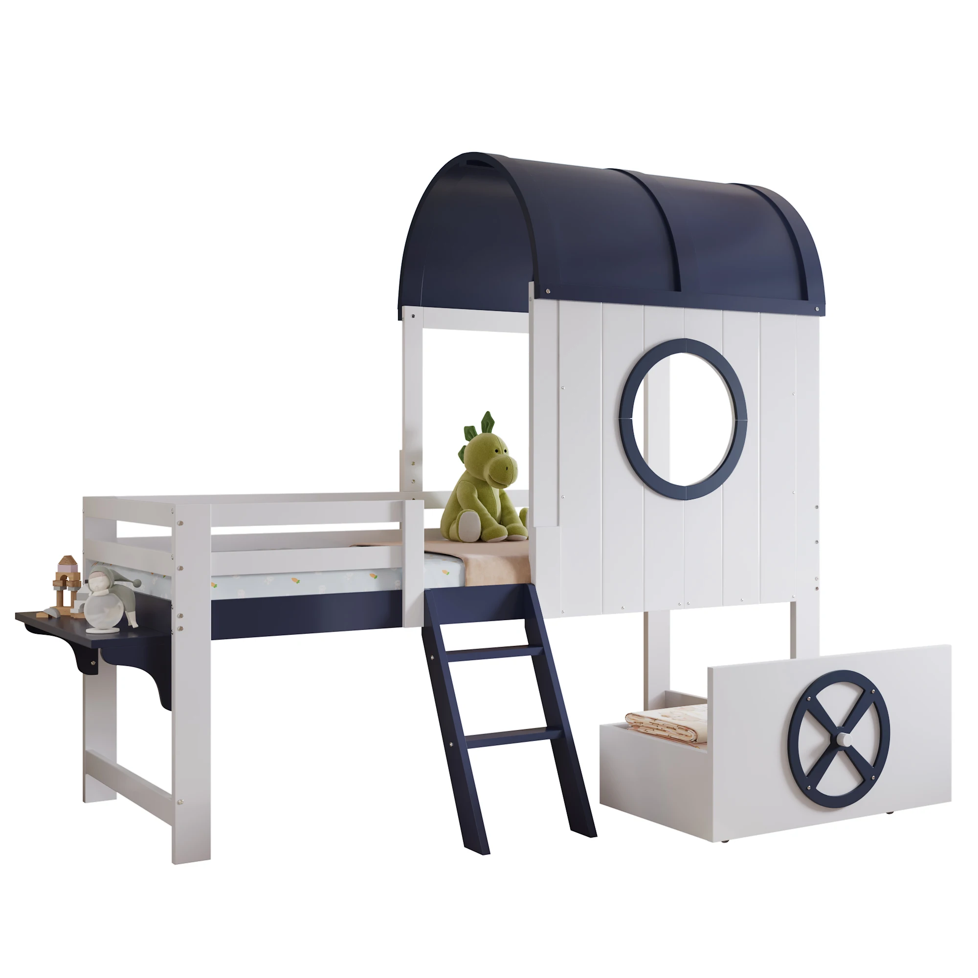 Etagenbett, Hochbett, Kinderbett mit Dach und Fenster, untere Schublade mit Rollen, praktische zweistufige Winkelleiter – Detail 10