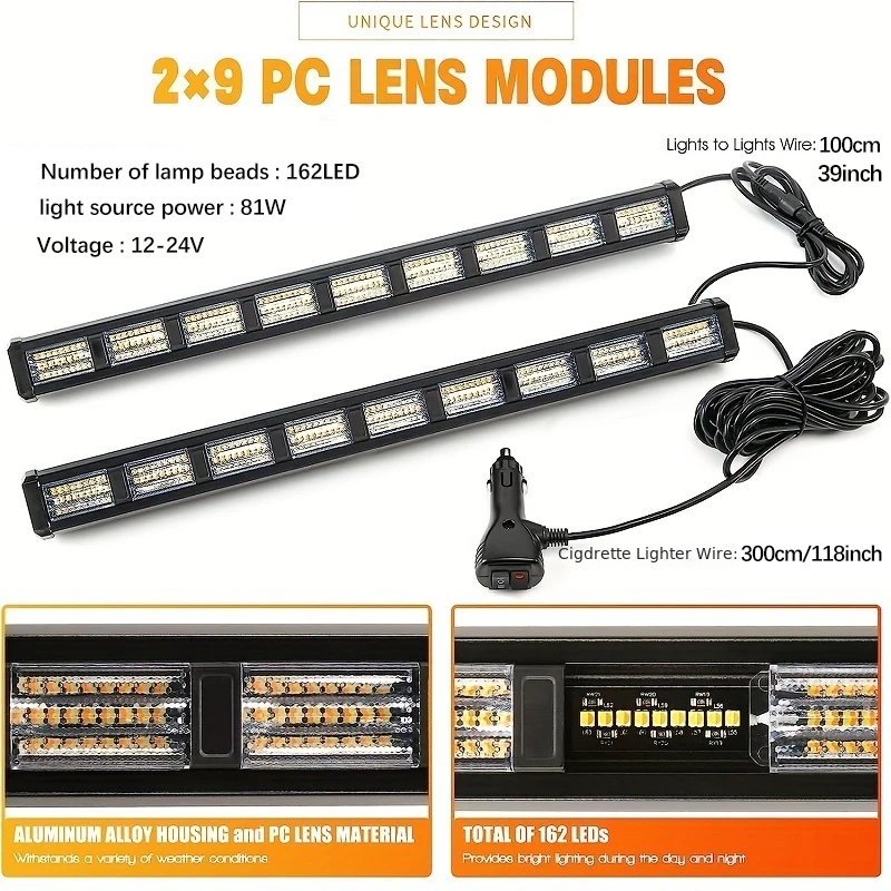 2in1 Car Emergency Light Bar Windshield LED Car Strobe Light 12-24V Police Lights Flashlight Amber White Warning Light